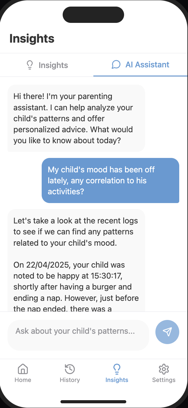 AI Assistant chat interface providing personalized parenting advice based on tracked data