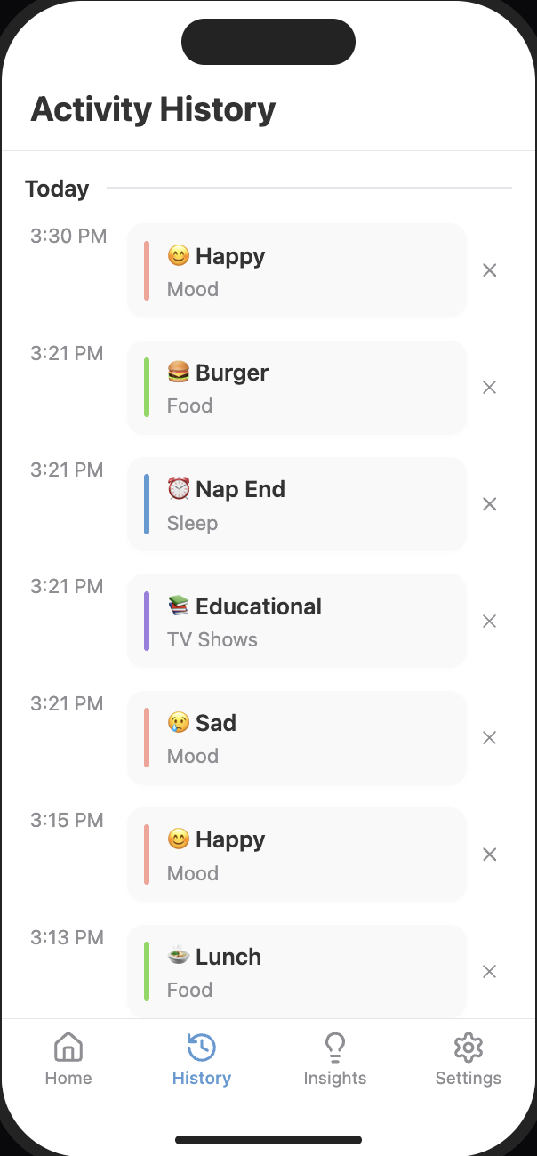 Activity History screen showing a timeline of tracked activities including moods, meals, and naps