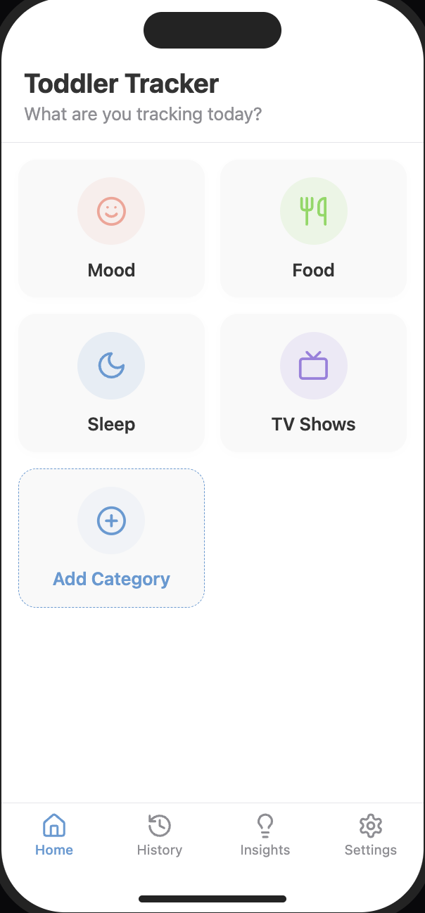 Toddler Tracker home screen showing tracking categories for Mood, Food, Sleep, and TV Shows