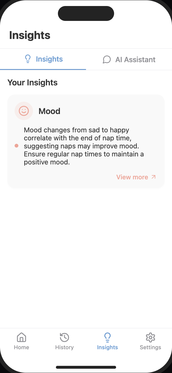 Insights screen showing pattern analysis of mood correlations with nap times