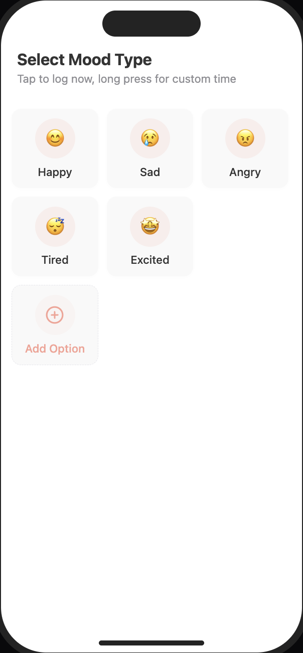 Mood selection screen with options like Happy, Sad, Angry, Tired, and Excited